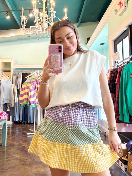 Mardi Gras Color Block Check Skirt