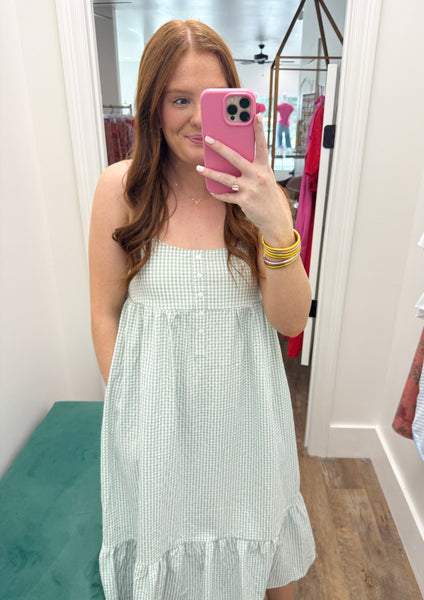 Sage White Gingham Strap Dress