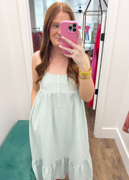 Sage White Gingham Strap Dress
