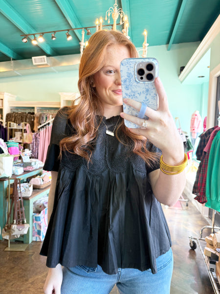 Black Mesh Top with Appliqué