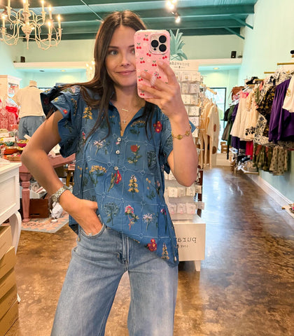 Blue Puff Sleeve Floral Top