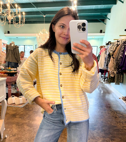 Daisy Blue Stripe Button Sweater