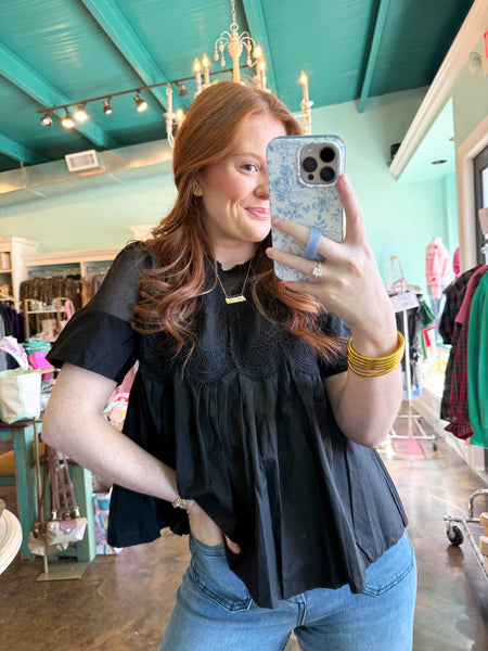 Black Mesh Top with Appliqué