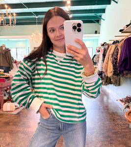 Green and White Cropped Knit Striped Top