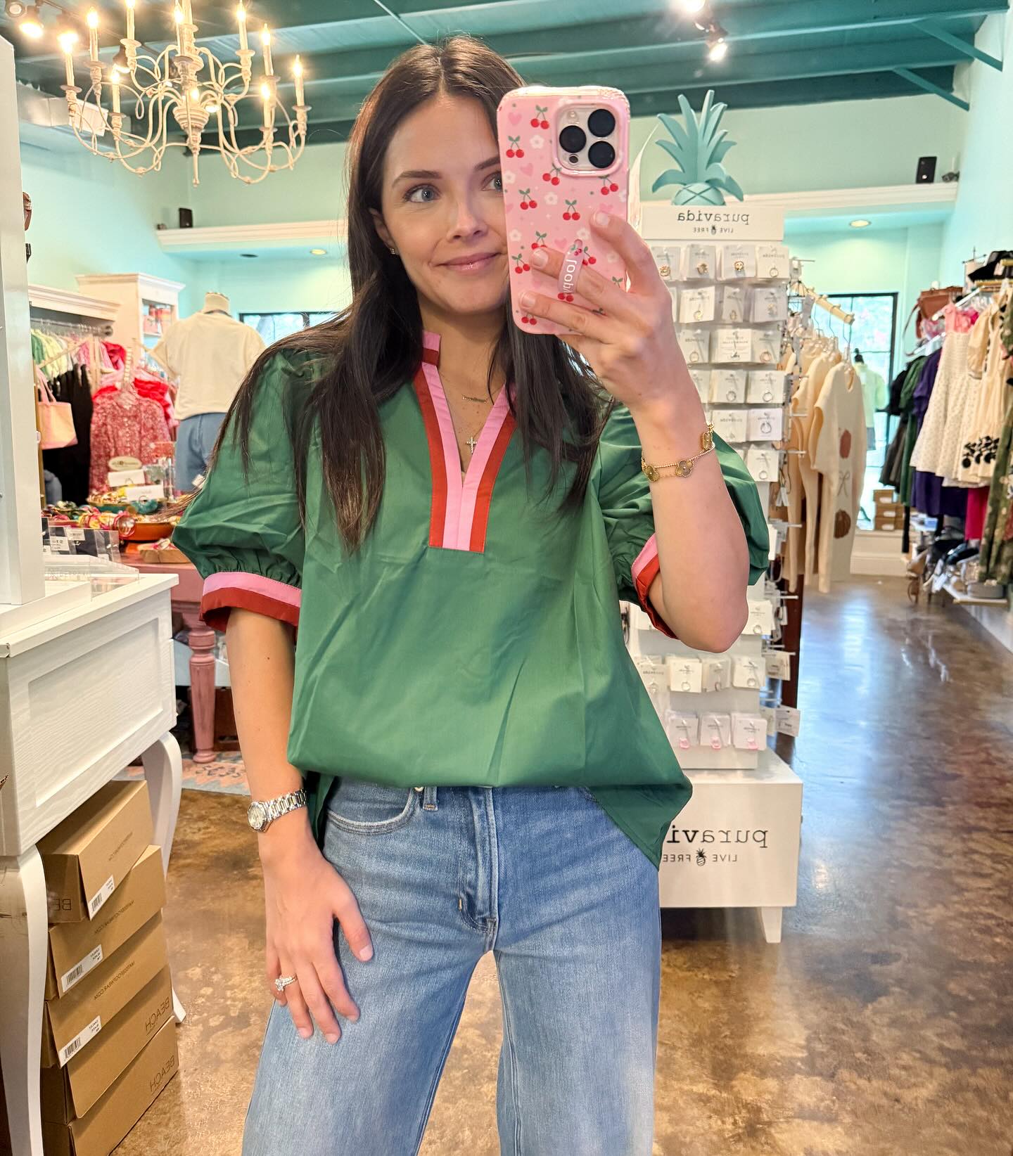 Hunter Green and Pink Top