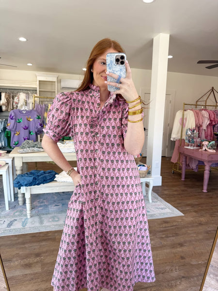 Pink Floral Puff Sleeve Maxi Dress