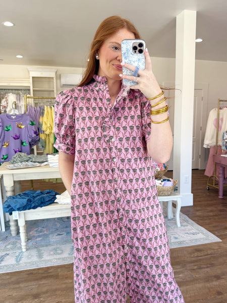 Pink Floral Puff Sleeve Maxi Dress