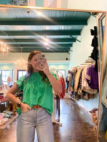 Green Ruffle Sleeve Pleated Top