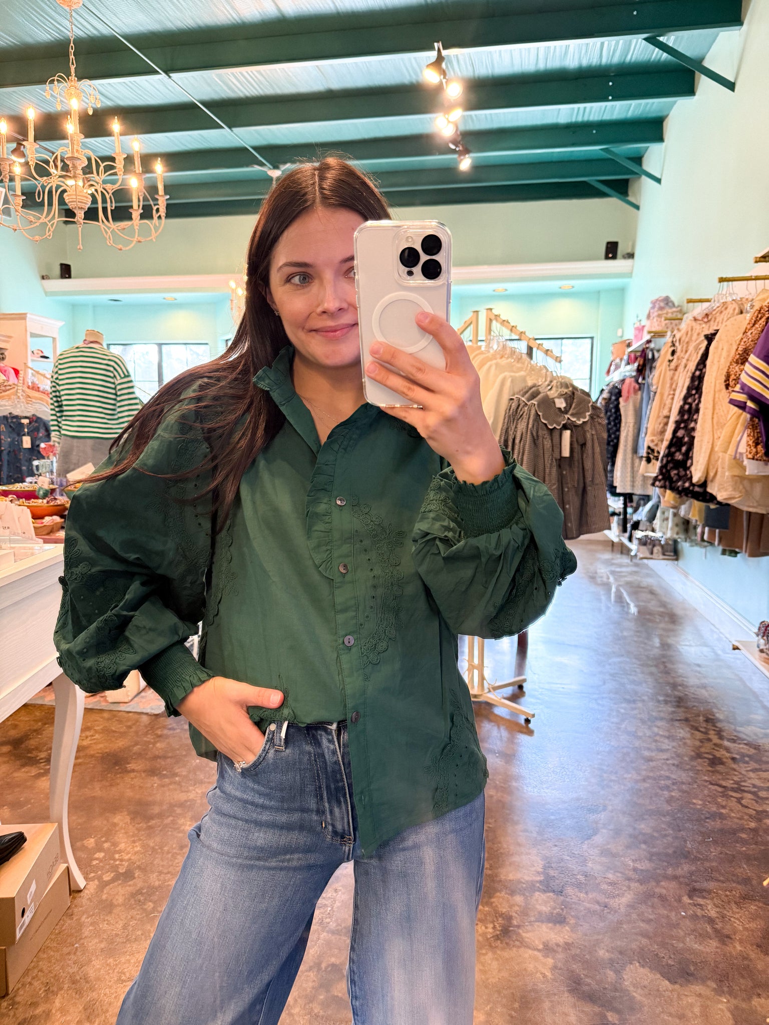 Green Textured Button Top