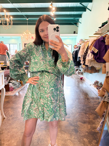 Green Paisley Ruffled Collar Dress