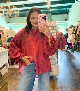 Puff Sleeve Button Down Wine Berry