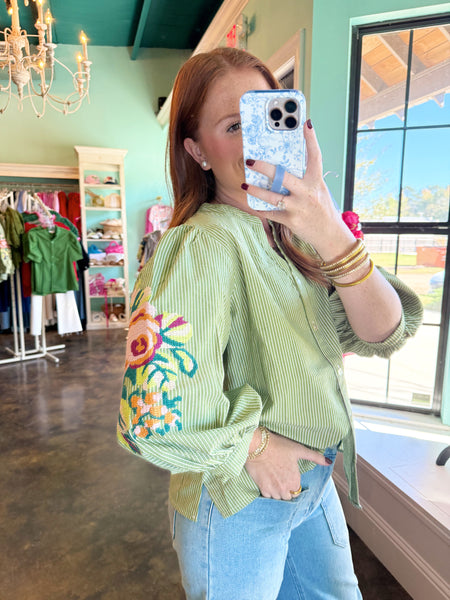 Olive Stripe Flower Top