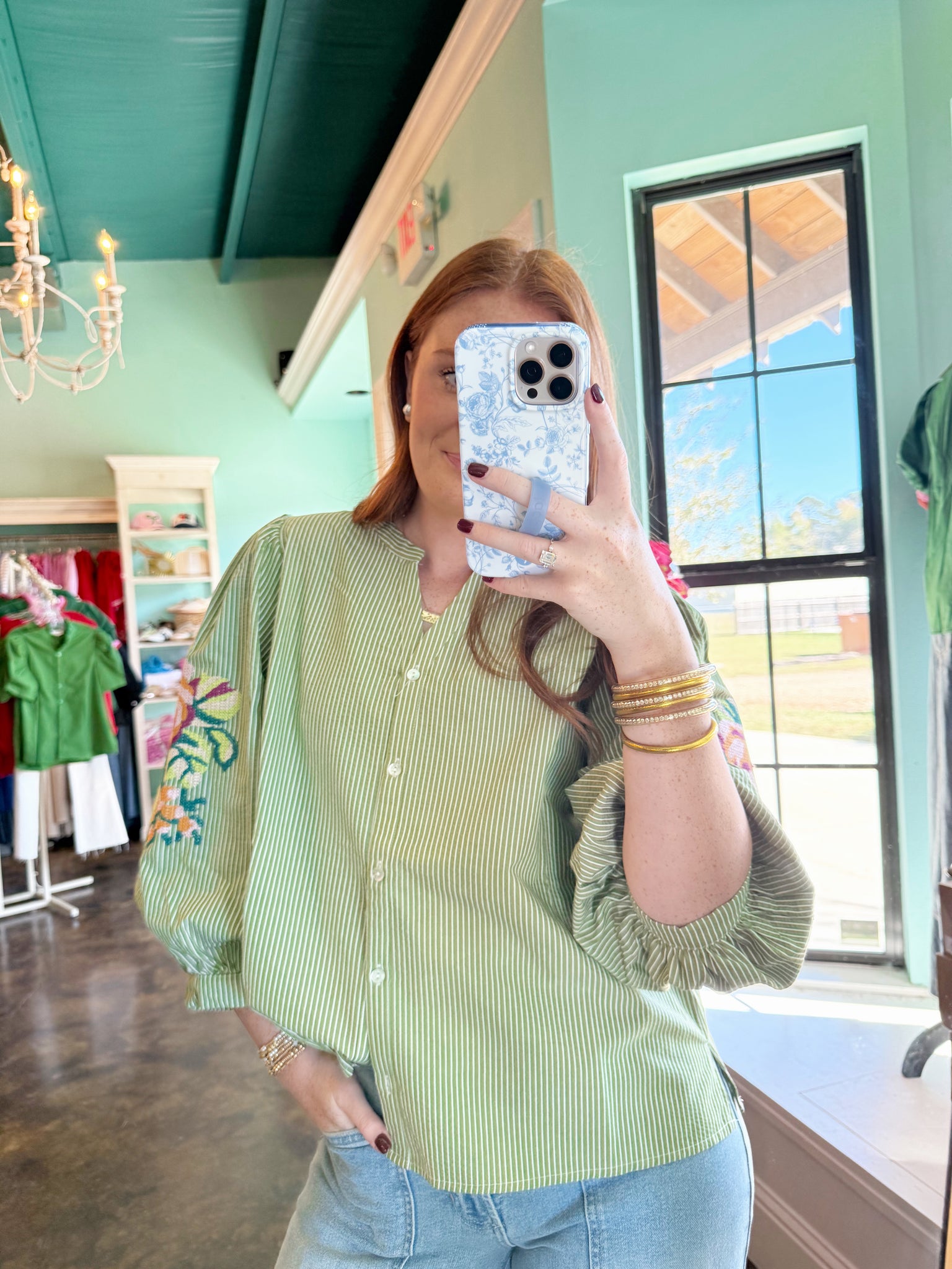 Olive Stripe Flower Top