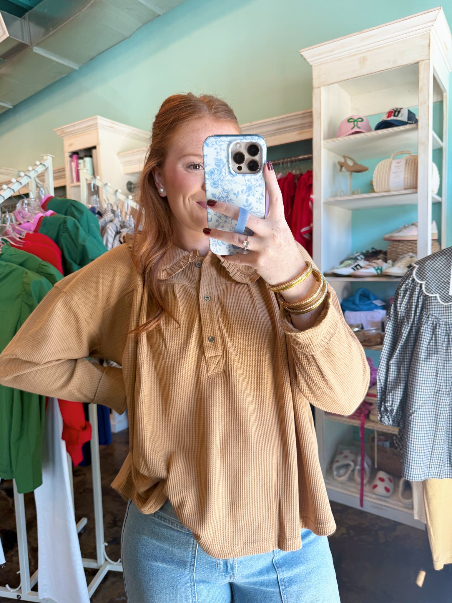Peter Pan Collared Thermal Long Sleeve Top Tan