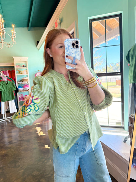 Olive Stripe Flower Top