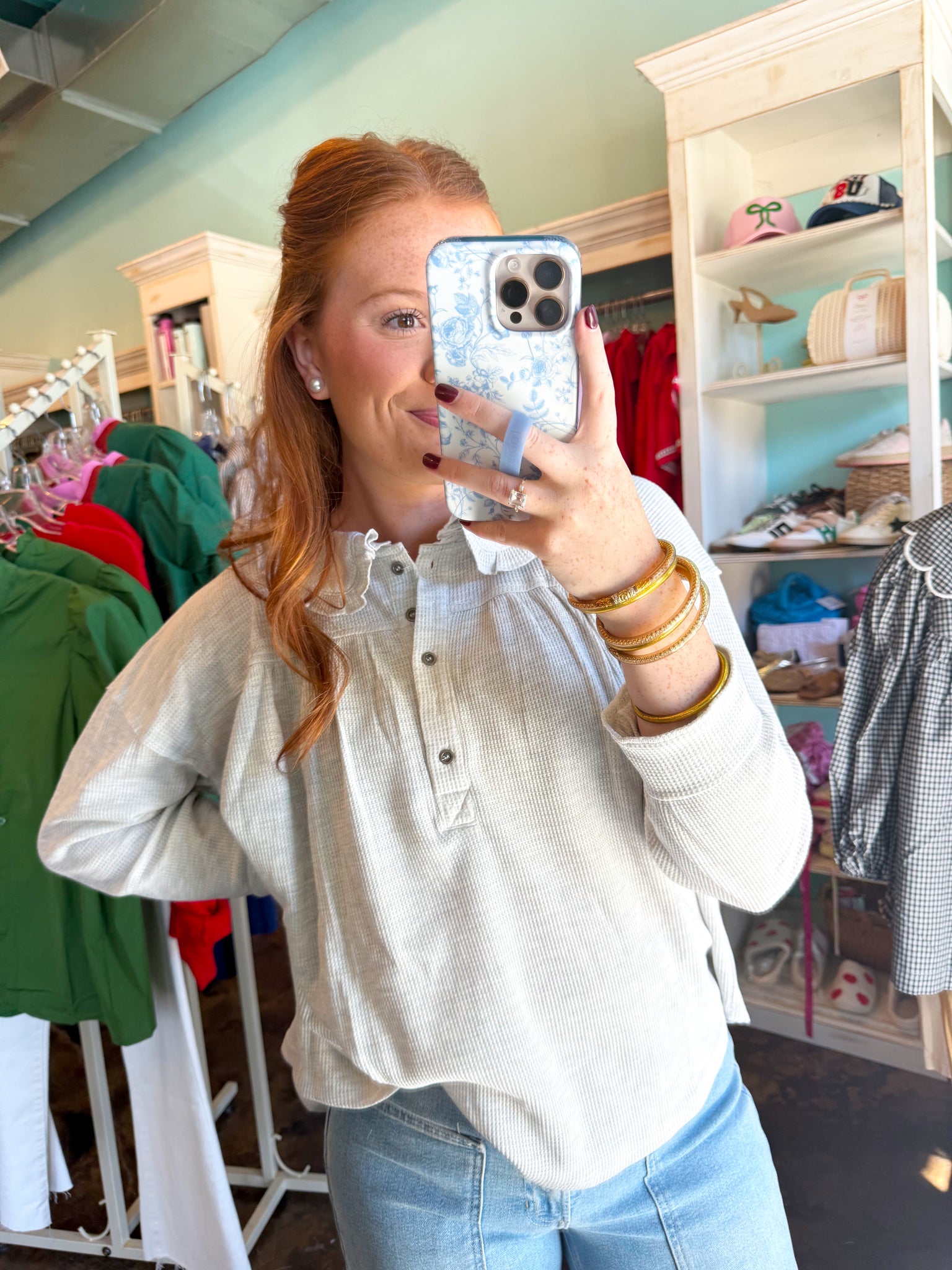 Peter Pan Collared Thermal Long Sleeve Top Grey