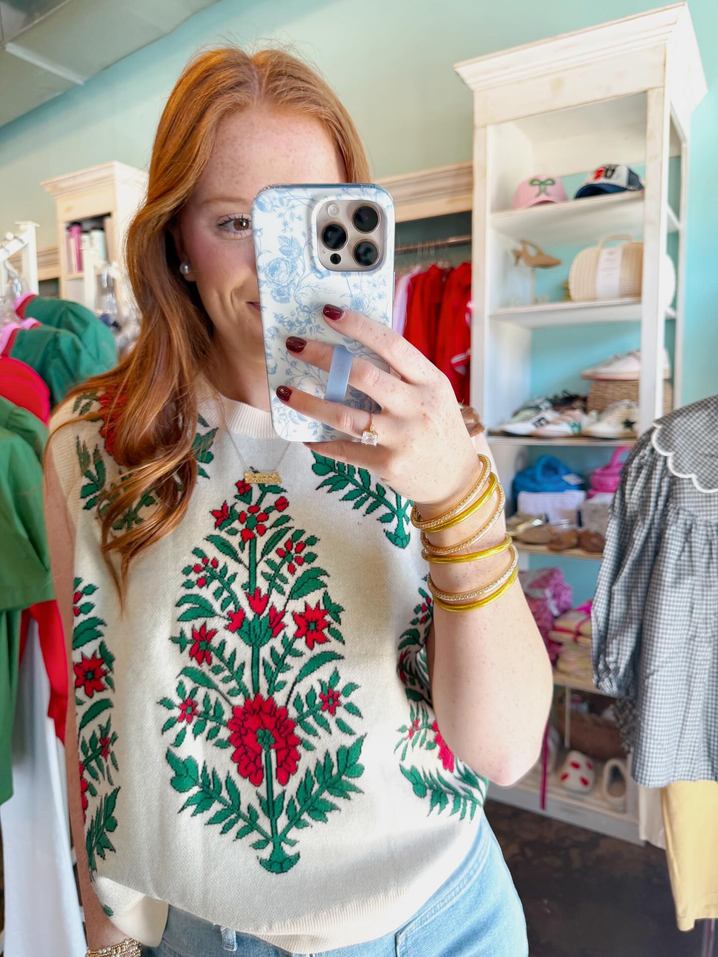 Cream Red Floral Sweater Vest