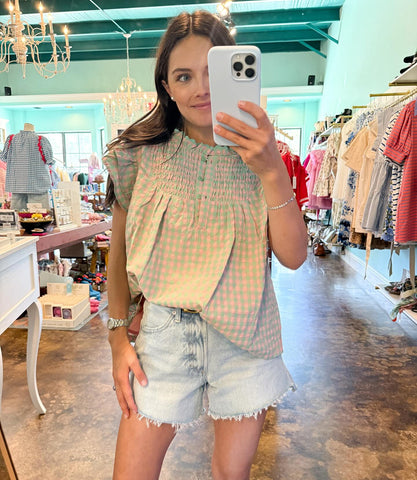 Green Coral Ruffle Top