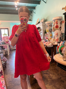 Red Gauze Smocked Dress