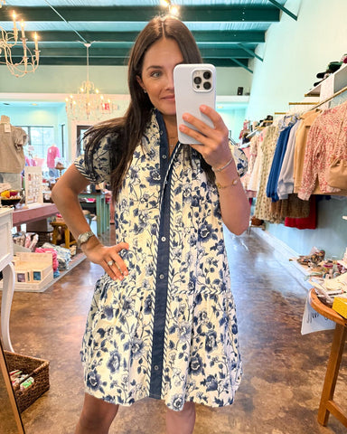 Navy Floral Button Dress
