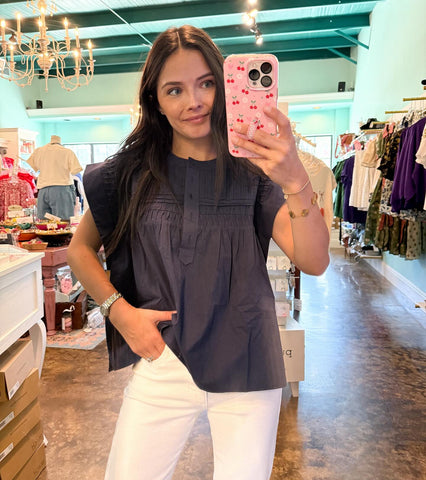 Navy Pintucked Cap Sleeve Top