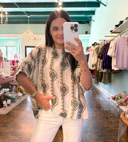 Olive Floral Printed Bubble Sleeve Top