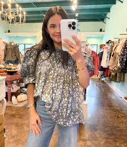 Olive Pattern Button Top