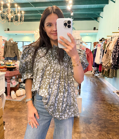Olive Pattern Button Top