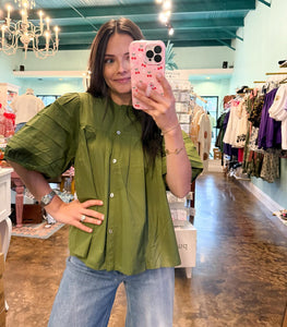 Olive Puff Sleeve Button Top