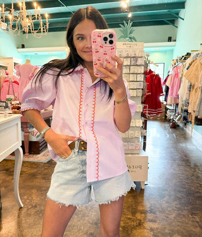 Pink Scalloped Stripe Short Sleeve Shirt