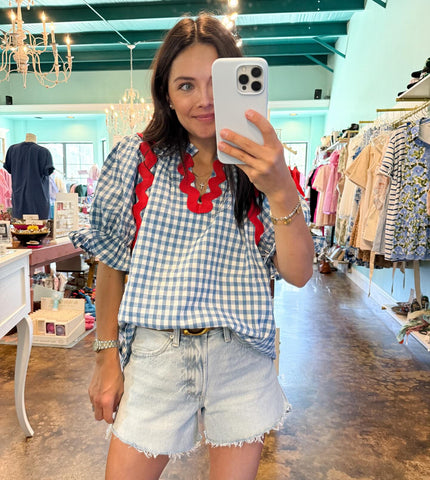 Red Ric Rac Trim Blue Gingham Top