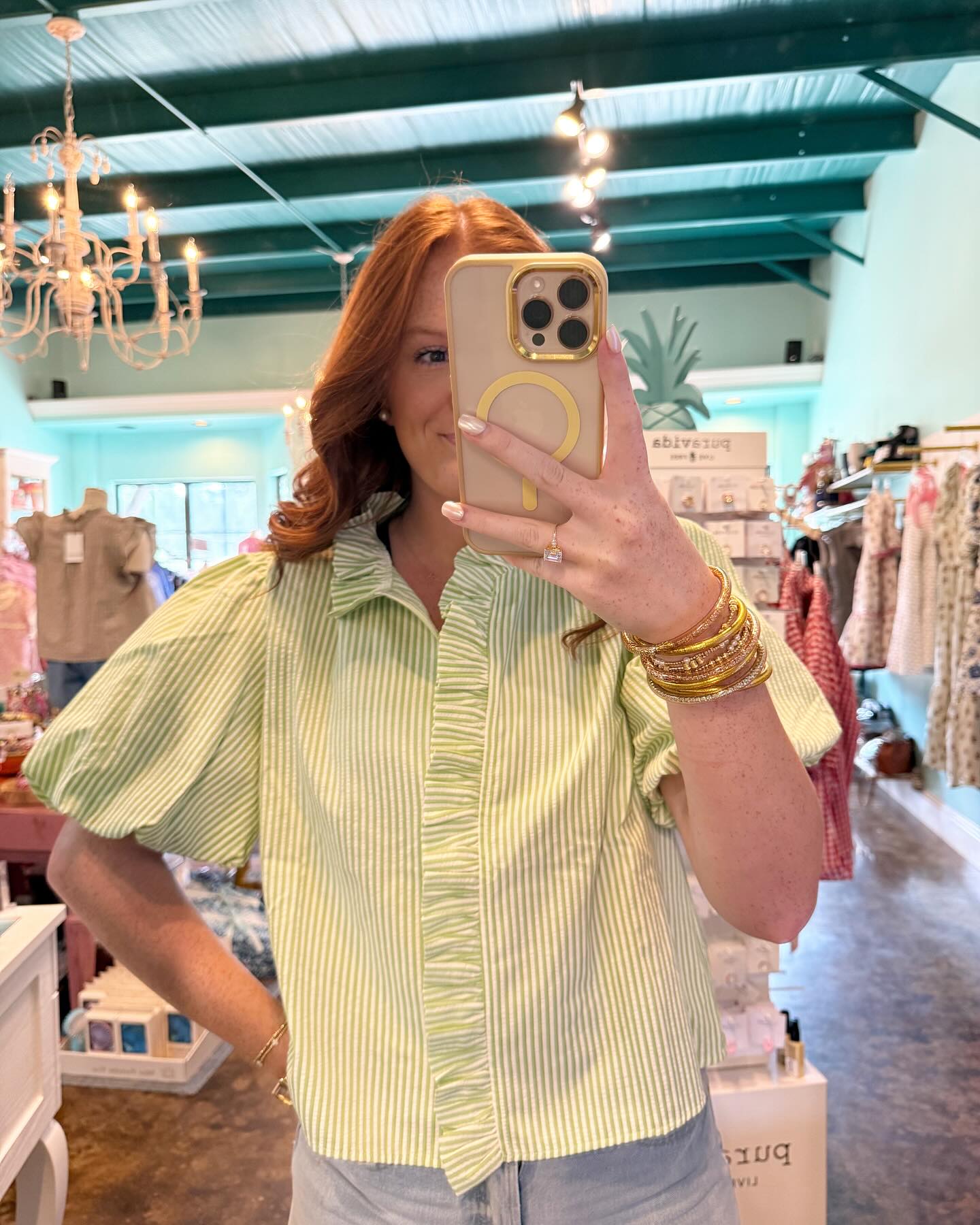 Ruffled Collared Green Striped Top