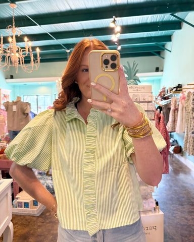 Ruffled Collared Green Striped Top